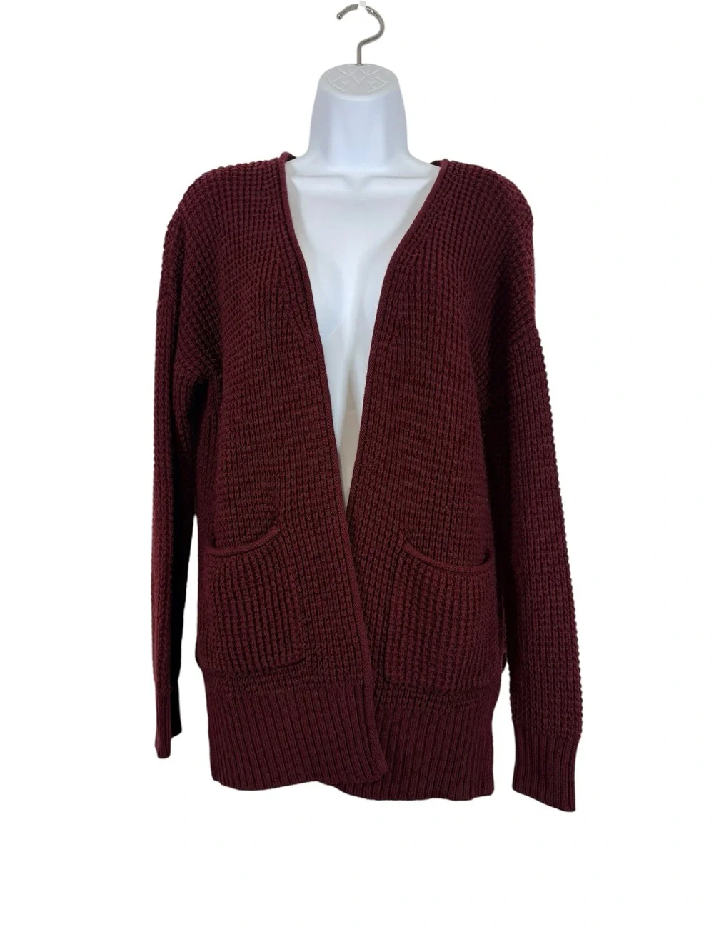 Zenana Open-Front Chunky Knit Cozy Layering Cardigan Burgundy Front Pockets SzS